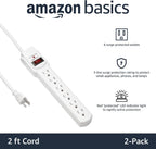 Amazon Basics Surge Protector Power Strip, 6-Outlet with 200J Protection, Circuit Breaker, LED Indicator, On/Off Switch, Wall-Mounting, 2ft Extension Cord, White, 2-Pack