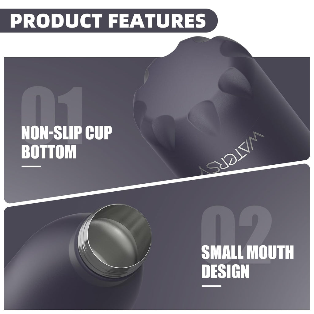 Stainless Steel Insulated Water Bottle, WATERSY Double Walled Metal Vacuum Flask Keep 24 Hrs Cold & 12 Hrs Hot Thermal Metal Sports Bottles 500ml BPA Free for Outdoor, Work, Gym, School (Black)