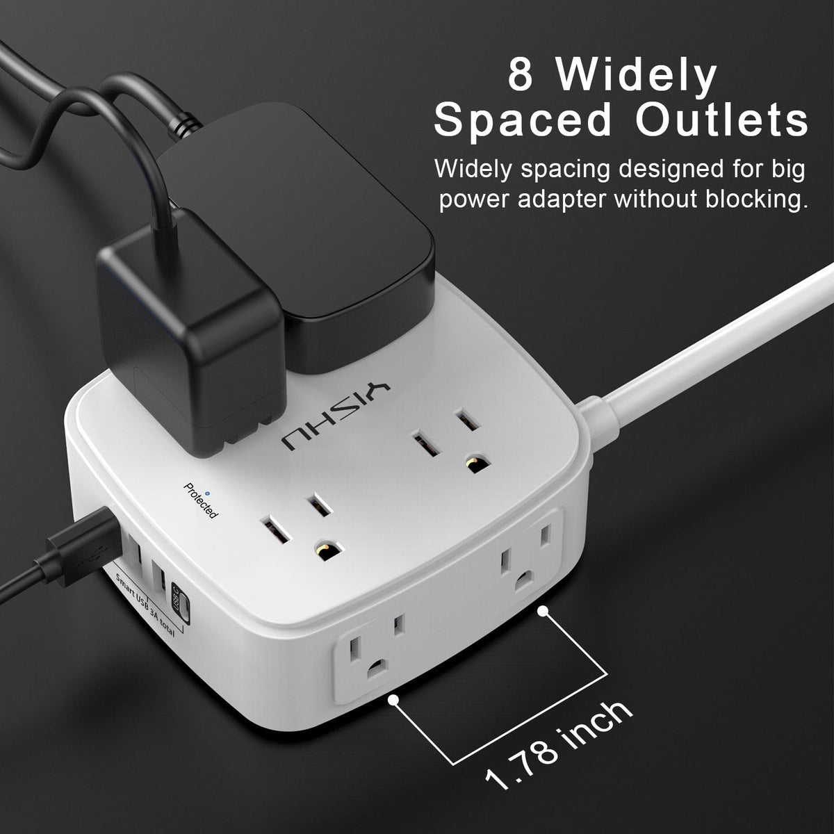 6 Ft Surge Protector Power Strip - YISHU 8 Widely Outlets with 4 USB Ports, 3 Side Outlet Extender with 6 Feet Flat Extension Cord, Ultra Flat Plug, Wall Mount, Desk USB Charging Station, ETL, Black