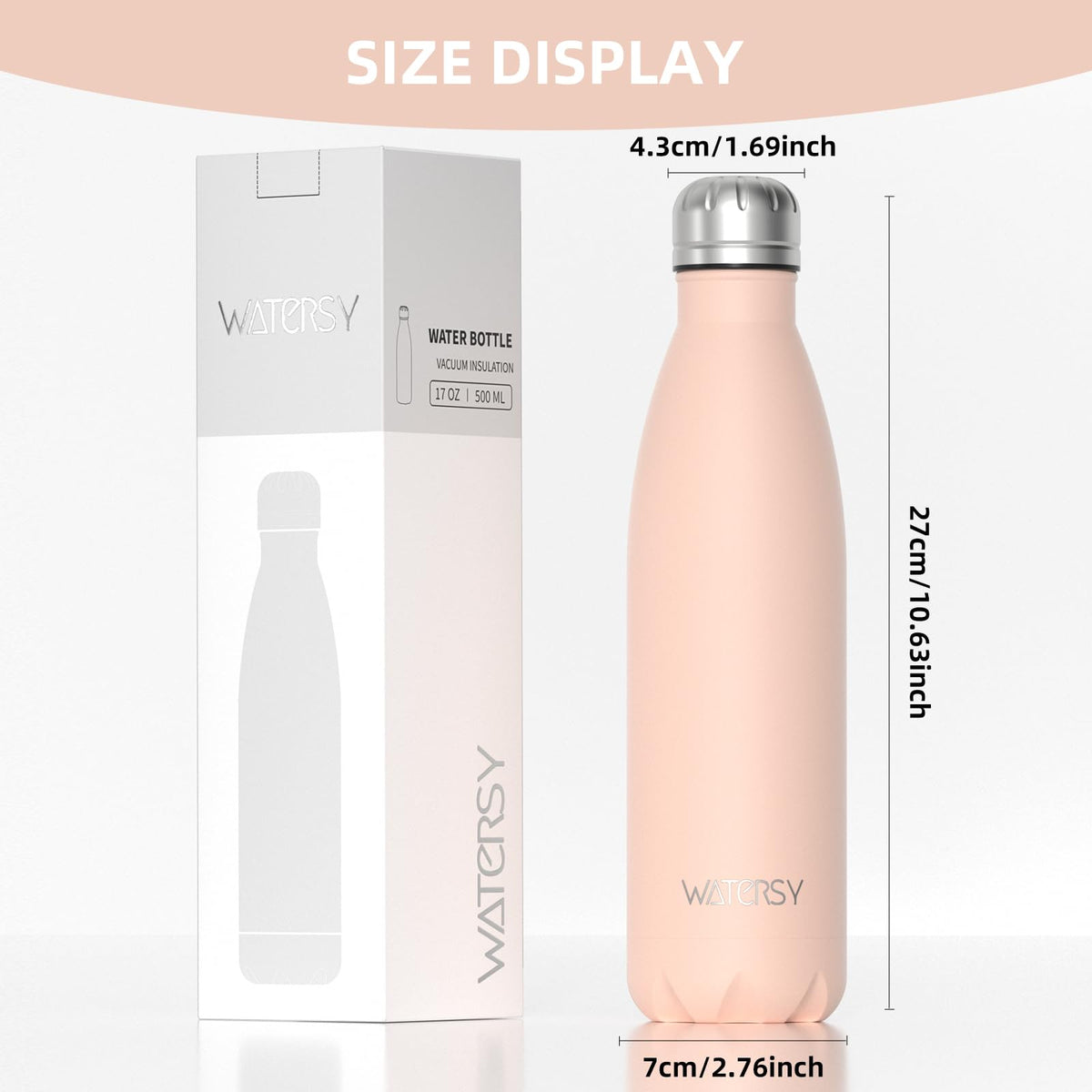 Stainless Steel Insulated Water Bottle, WATERSY Double Walled Metal Vacuum Flask Keep 24 Hrs Cold & 12 Hrs Hot Thermal Metal Sports Bottles 500ml BPA Free for Outdoor, Work, Gym, School (Black)