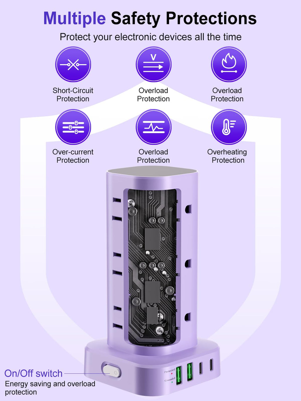 6FT Power Strip Tower with Wireless Charger,Surge Protector with 12 Outlets