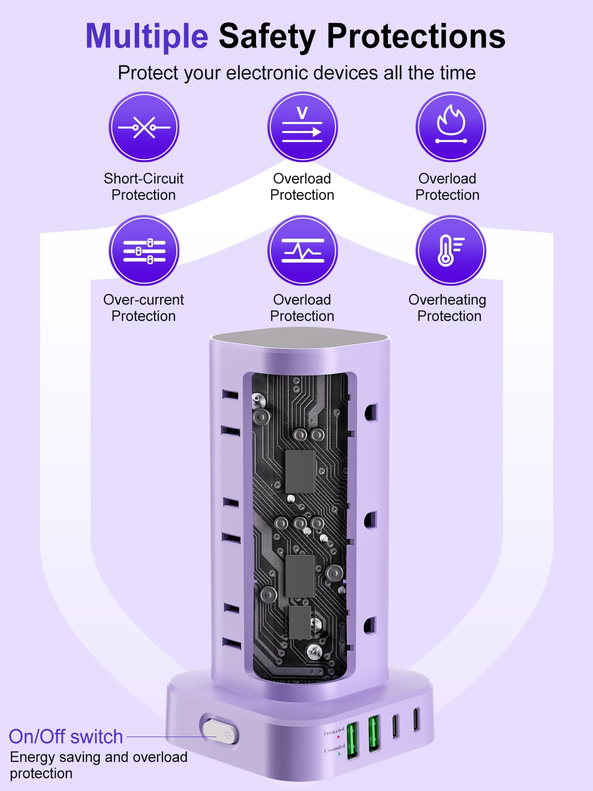 6FT Power Strip Tower with Wireless Charger,Surge Protector with 12 Outlets