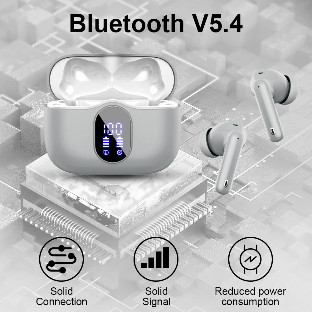 Wireless Earbuds, Bluetooth 5.4 Headphones Bass Stereo/Clear Calls, White