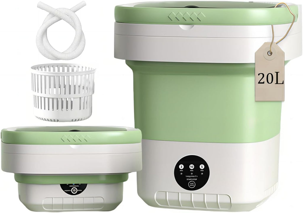 Portable Washing Machine【Upgraded 20L Capacity・3 Modes Deep Cleaning・1-Year Free Replacement】Foldable Mini Washer and Dryer, Small Washing Machine for Travel, Dorms, RVs, Camping (Green)