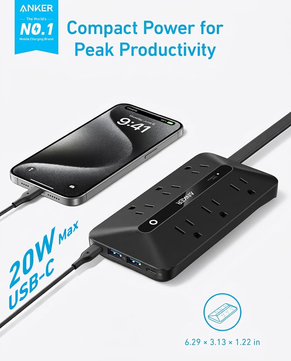 Anker Power Strip with 300J Surge Protector, 5ft Outlet Extender, 20W, 6AC
