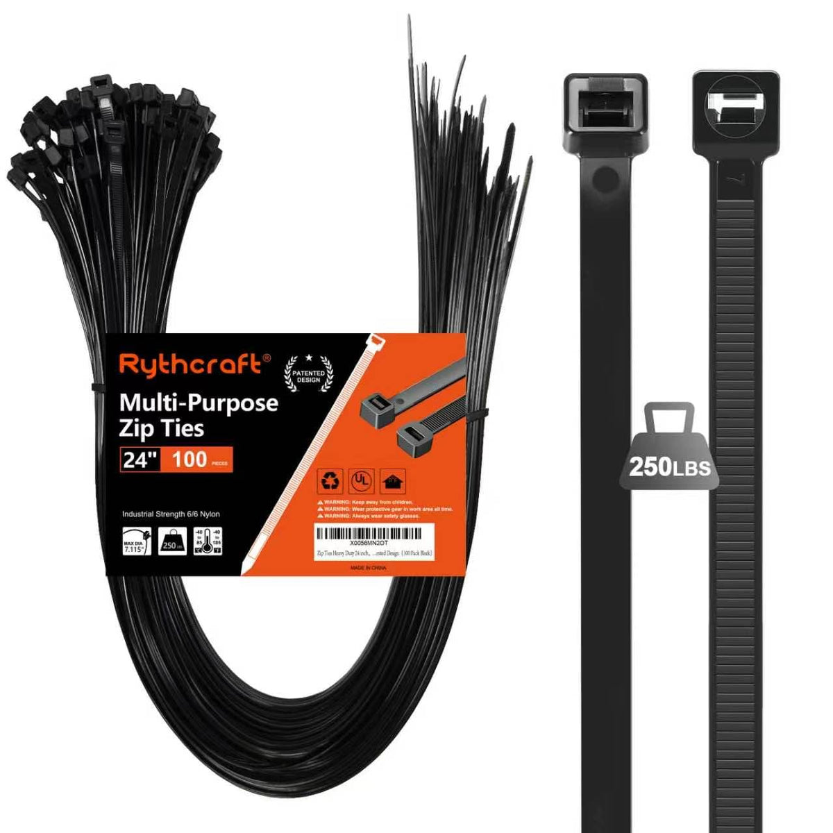 Rythcraft 12" Cable Zip Ties Heavy Duty, 200 LBS Test Tilted Tooth, 80 Pack