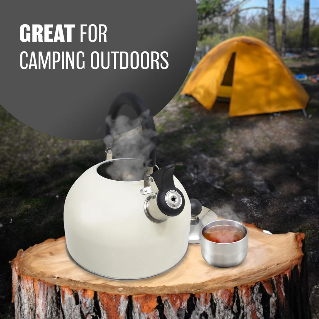 2.5L Stainless Steel Whistling Kettle - Suitable for Fishing, Camping, Hiking, Indoor & Outdoor | Camping Kettle for Gas Stove, Electric Stove, Camp Fire | Lightweight, Fast Boil, Phenolic Handle
