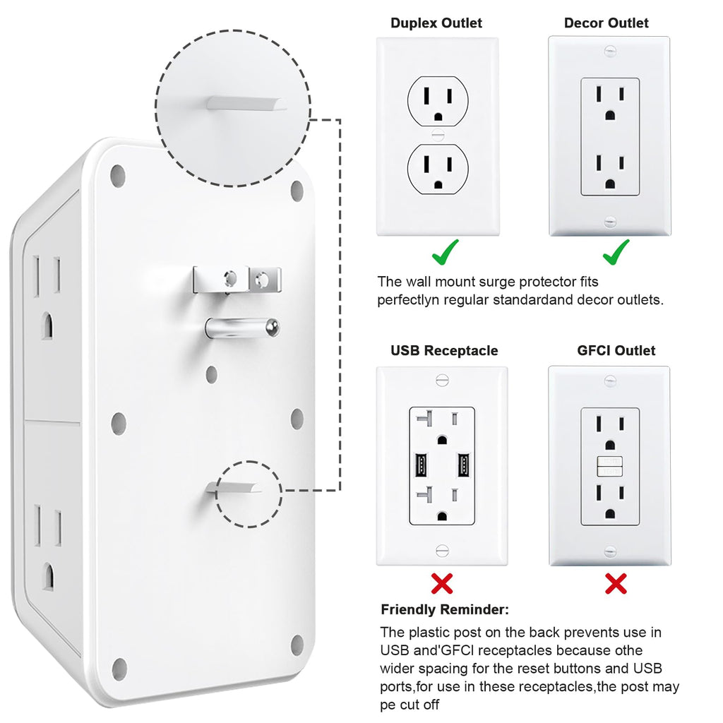 3 Pack Surge Protector Outlet Extender, 6 Outlet Splitter with 4 USB Ports (2 USB C), Multi Plug Wall Outlet 1050J Power Strip, USB Wall Charger for Home Office Kitchen Travel-ETL