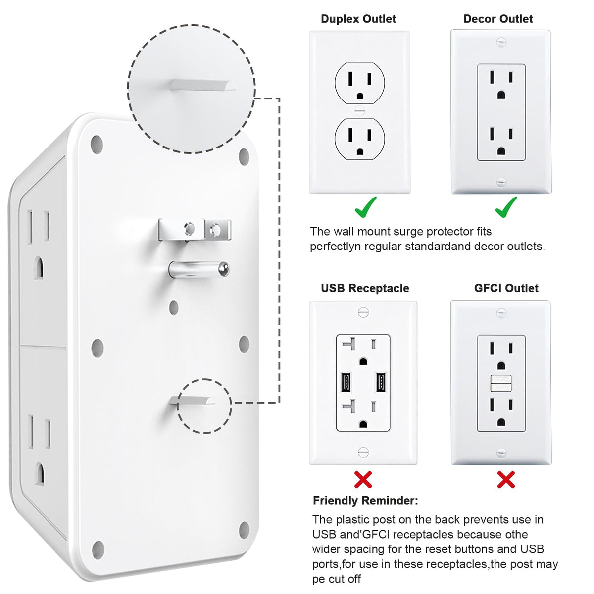 3 Pack Surge Protector Outlet Extender, 6 Outlet Splitter with 4 USB Ports (2 USB C), Multi Plug Wall Outlet 1050J Power Strip, USB Wall Charger for Home Office Kitchen Travel-ETL