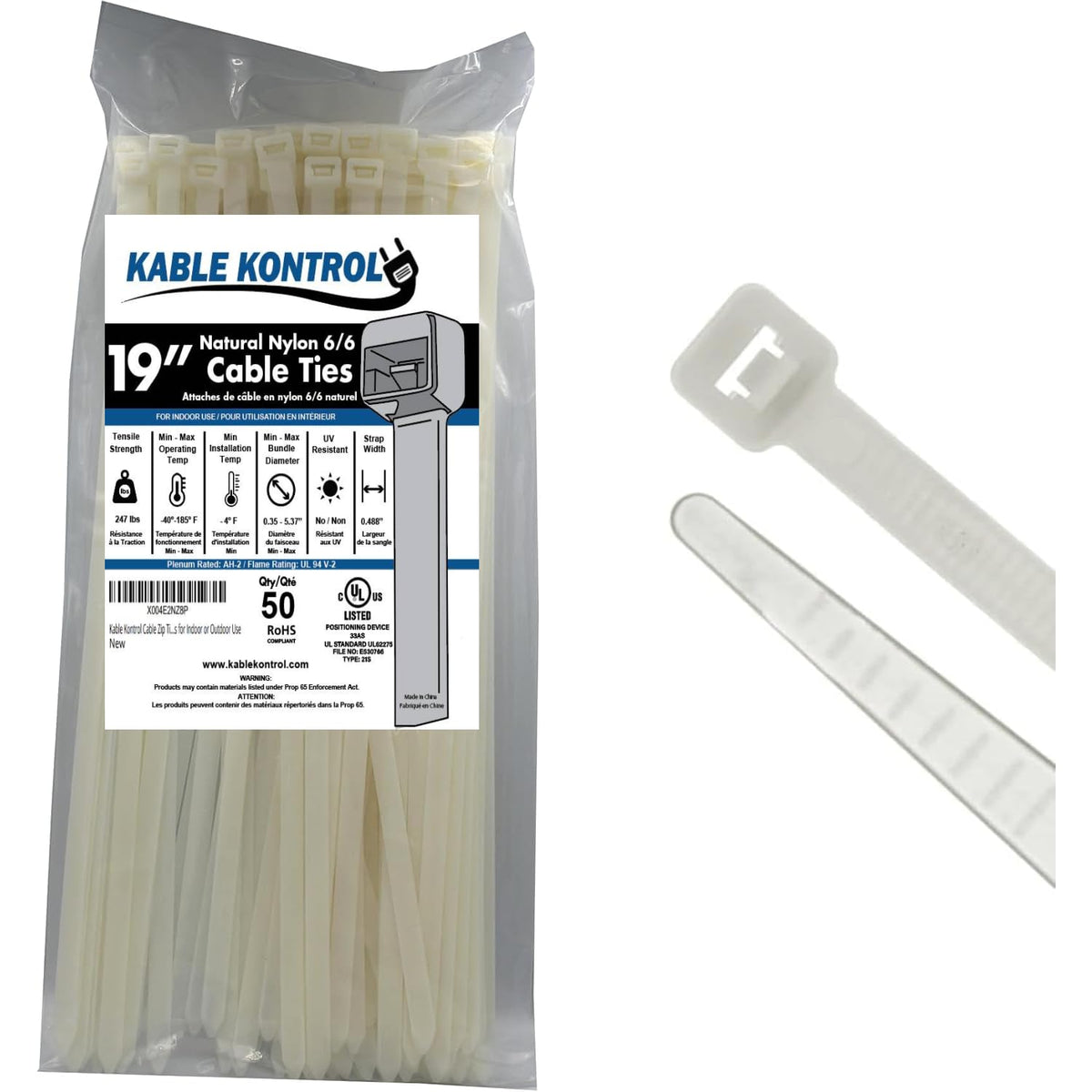 Kable Kontrol Cable Zip Ties, 4 Inch, 100 Pcs, 18lbs Test, Gray