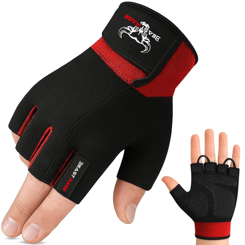 BEAST RAGE Gym Gloves Weight lifting Gloves Training Anti Slip Padded Palm Half Finger Powerlifting Workout Exercise Gloves for Men and Women