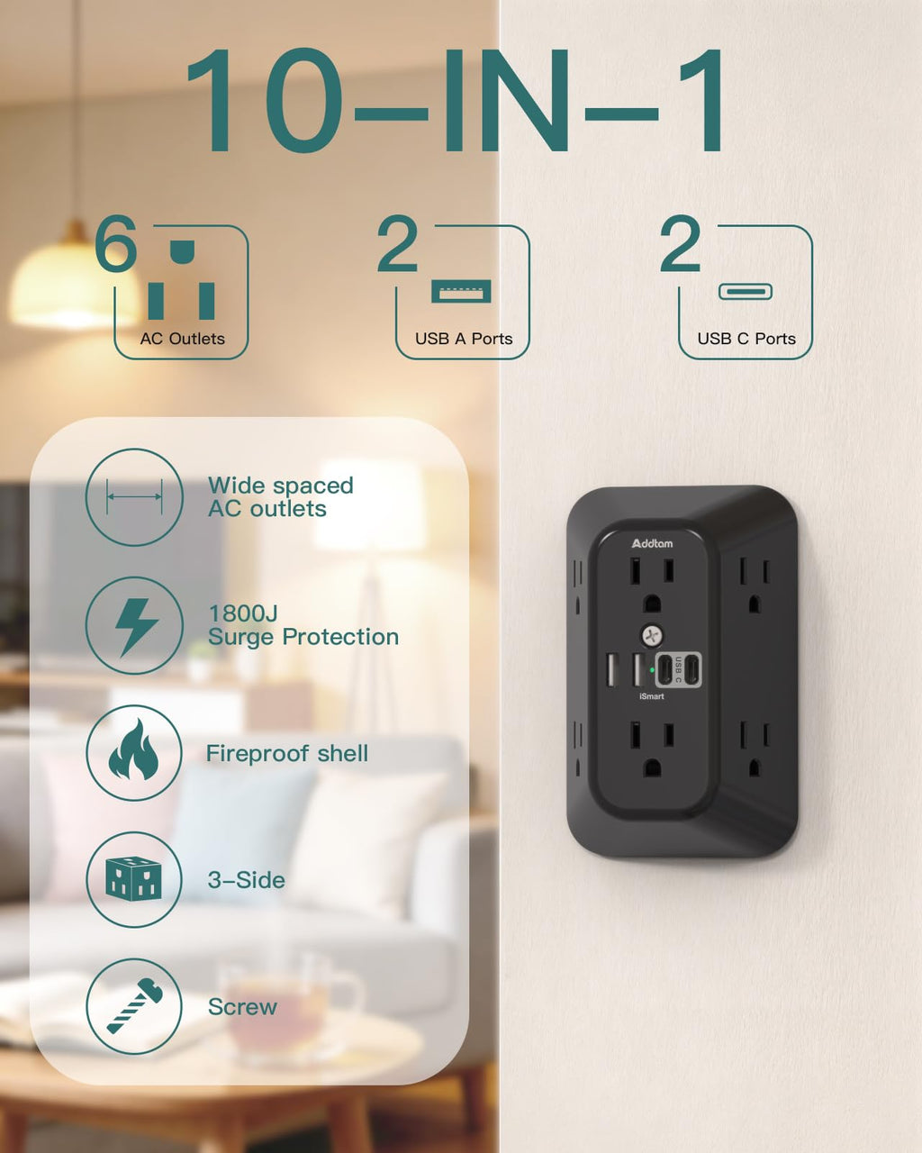 Addtam 6-Outlet Extender Surge Protector, Multi Plug Wall Outlet with 4 USB Wall Charger(PD 30W), Plug Extension Outlet with 1800J, Outlet Splitter Power Strip for Home Office, White