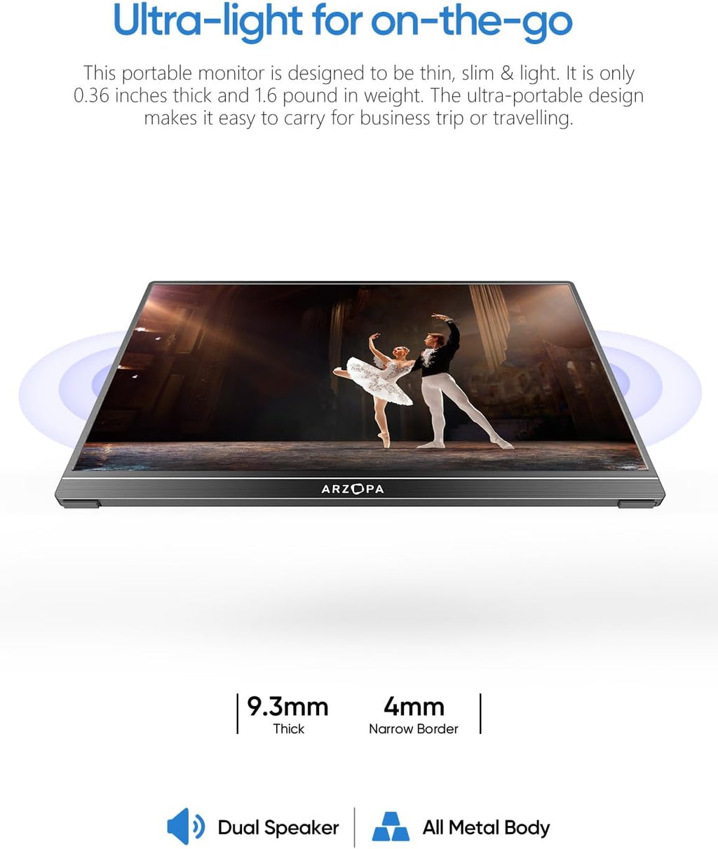 ARZOPA Portable Monitor 15.6" 1920×1080 FHD IPS Portable Monitor for Laptop with Kickstand, Ultra-Slim Second Screen for Laptop/PC/Mac/PS3/4/5/Xbox - USB C & HDMI Connectivity - A1
