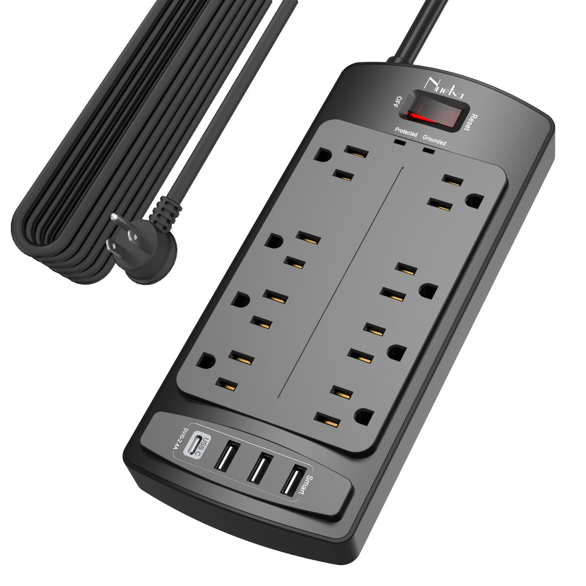 Surge Protector Power Strip - Nuetsa Flat Plug Extension Cord with 8 Outlets and 4 USB Ports, 6 Feet Power Cord, 2700 Joules, ETL Listed, Black