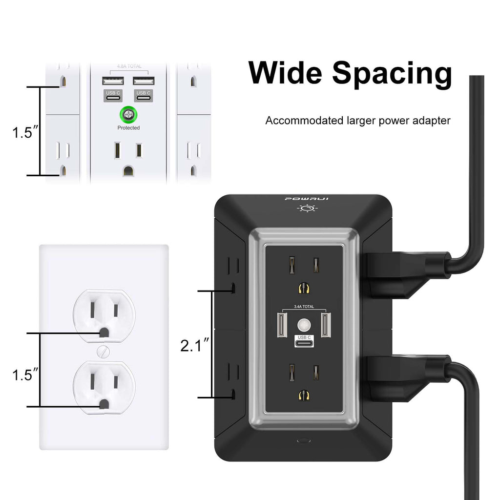 Multi Plug Wall Outlet Night Light, POWRUI 6 Outlet Extender & 3 USB Ports