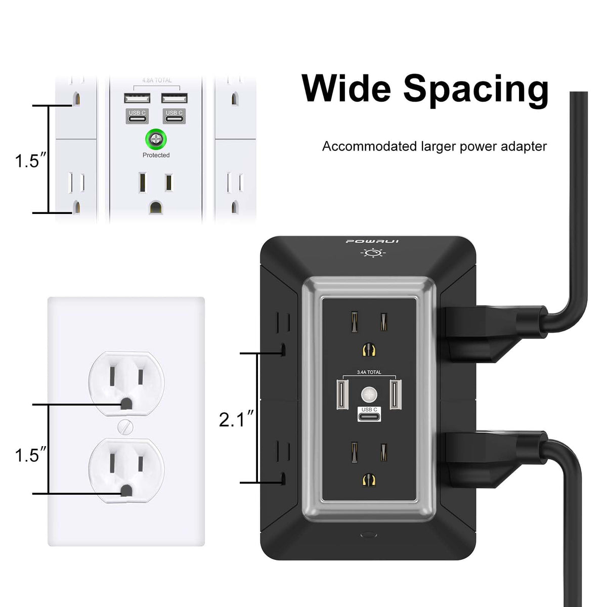 Multi Plug Wall Outlet Night Light, POWRUI 6 Outlet Extender & 3 USB Ports
