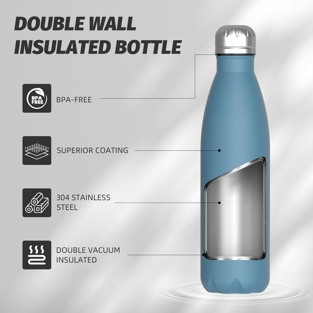 Stainless Steel Insulated Water Bottle, WATERSY Double Walled Metal Vacuum Flask Keep 24 Hrs Cold & 12 Hrs Hot Thermal Metal Sports Bottles 500ml BPA Free for Outdoor, Work, Gym, School (Black)