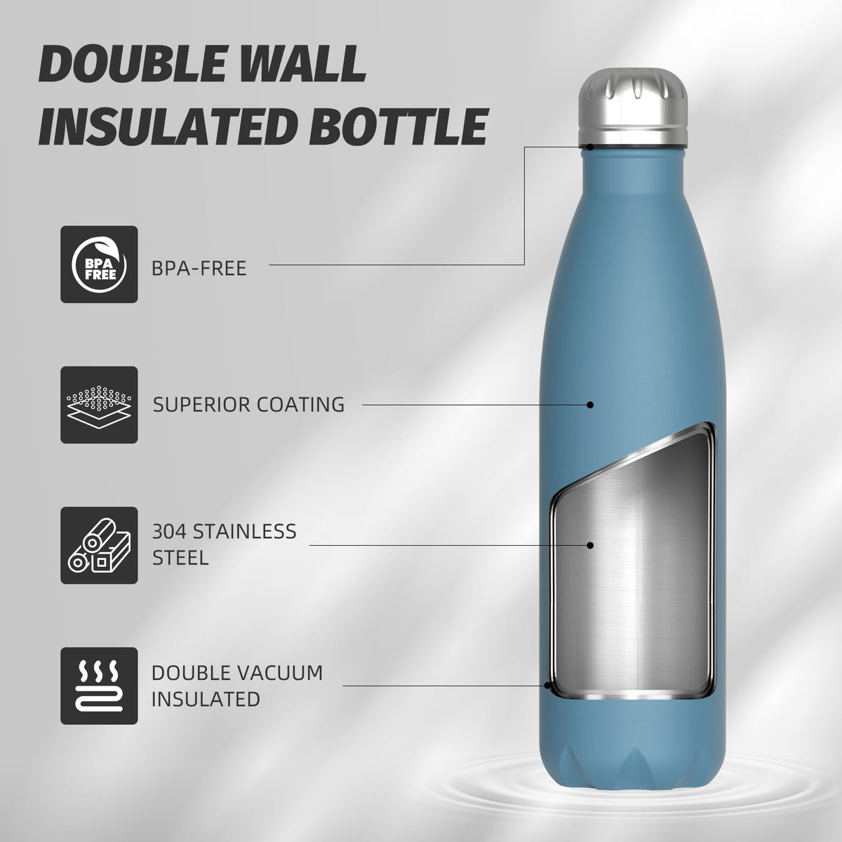 Stainless Steel Insulated Water Bottle, WATERSY Double Walled Metal Vacuum Flask Keep 24 Hrs Cold & 12 Hrs Hot Thermal Metal Sports Bottles 500ml BPA Free for Outdoor, Work, Gym, School (Black)