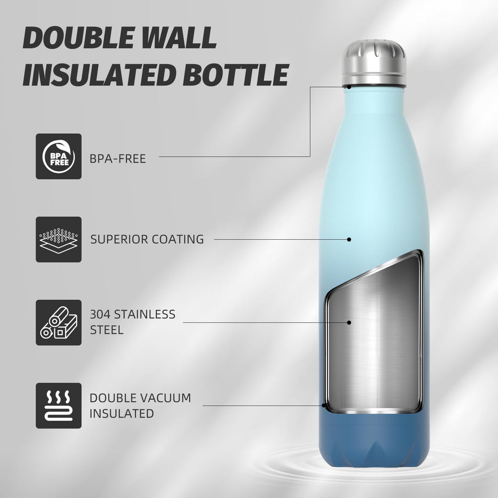 Stainless Steel Insulated Water Bottle, WATERSY Double Walled Metal Vacuum Flask Keep 24 Hrs Cold & 12 Hrs Hot Thermal Metal Sports Bottles 500ml BPA Free for Outdoor, Work, Gym, School (Black)