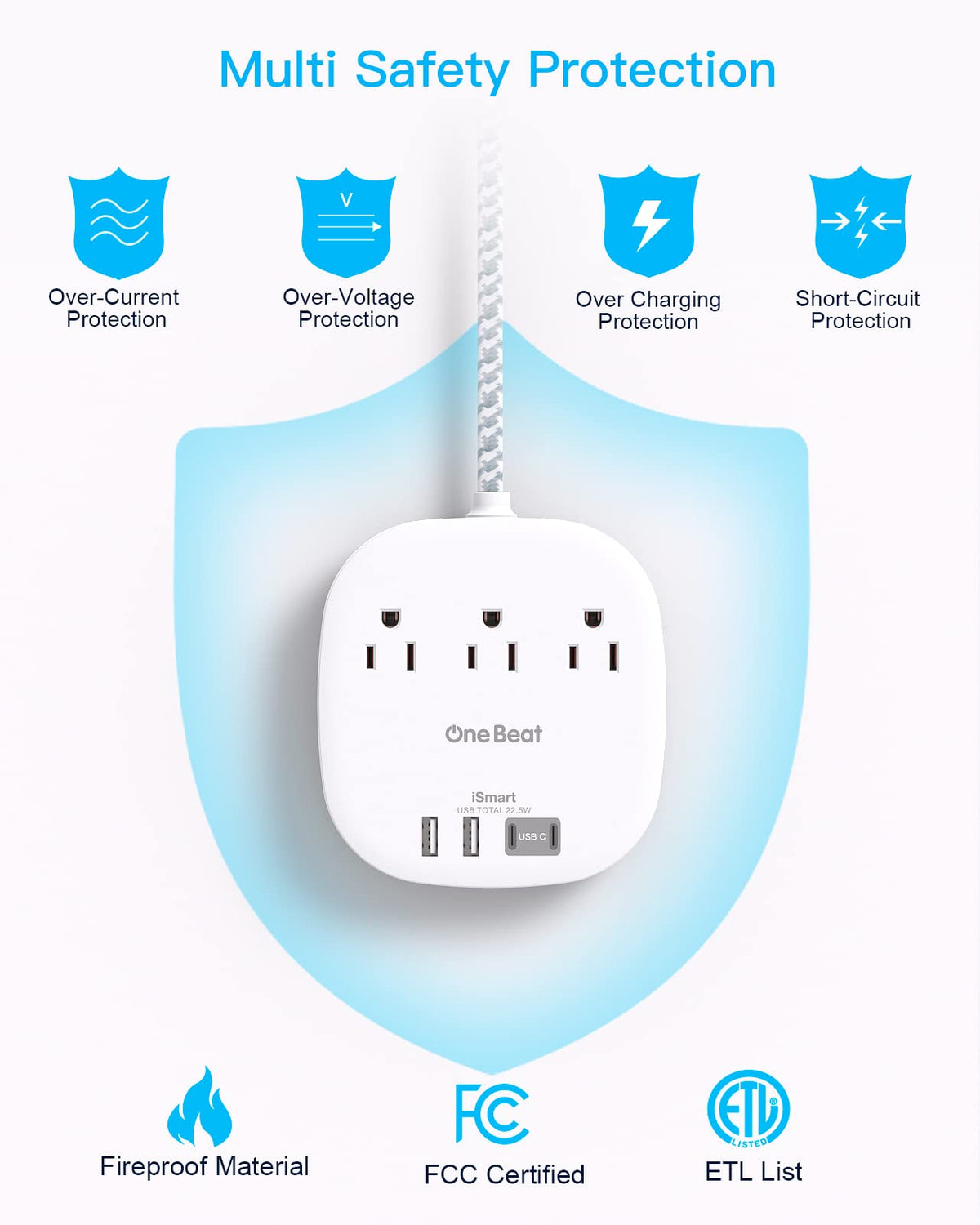 Travel Essentials, 22.5W/4.5A Flat Plug Power Strip, 6 Ft Extension Cord