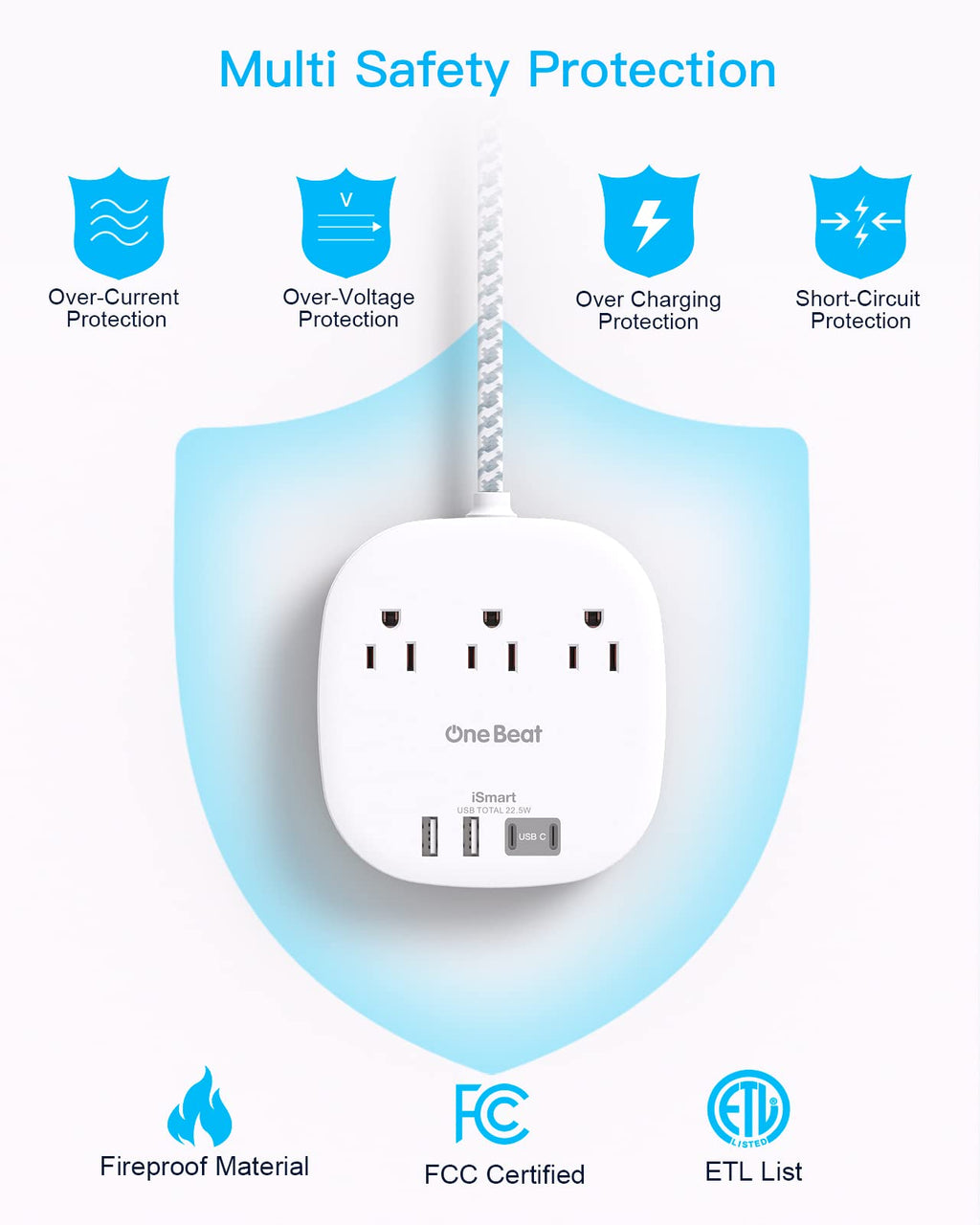 Travel Essentials, 22.5W/4.5A Flat Plug Power Strip, 6 Ft Extension Cord