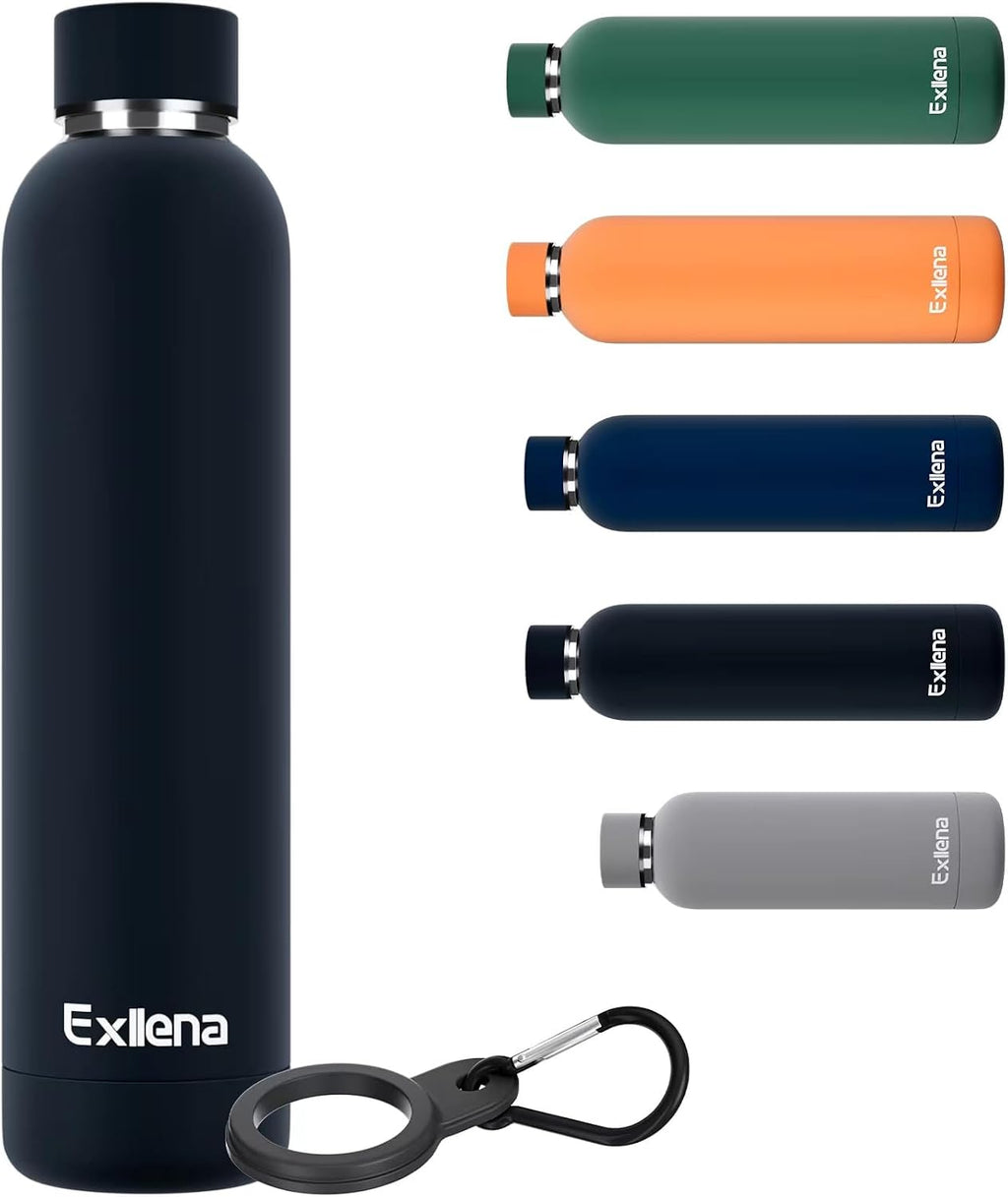 Exllena Insulated Black Water Bottles 750ml with Clip, Double Wall Vacuum Drinks Bottle Keeps Drinks Cold 24 Hrs/Hot 12 Hrs, Stainless Steel Water Bottle BPA Free