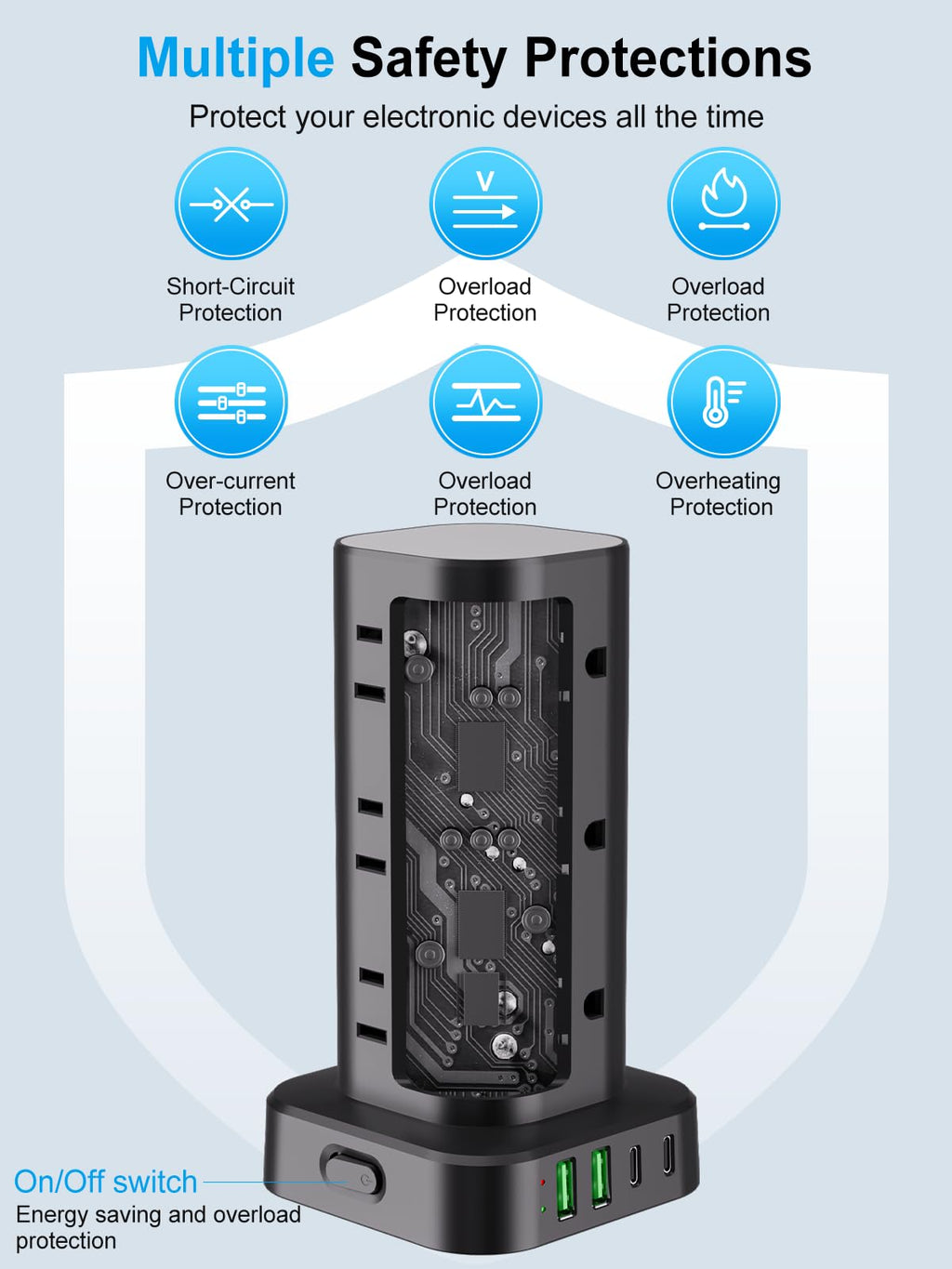 6FT Power Strip Tower with Wireless Charger,Surge Protector with 12 Outlets