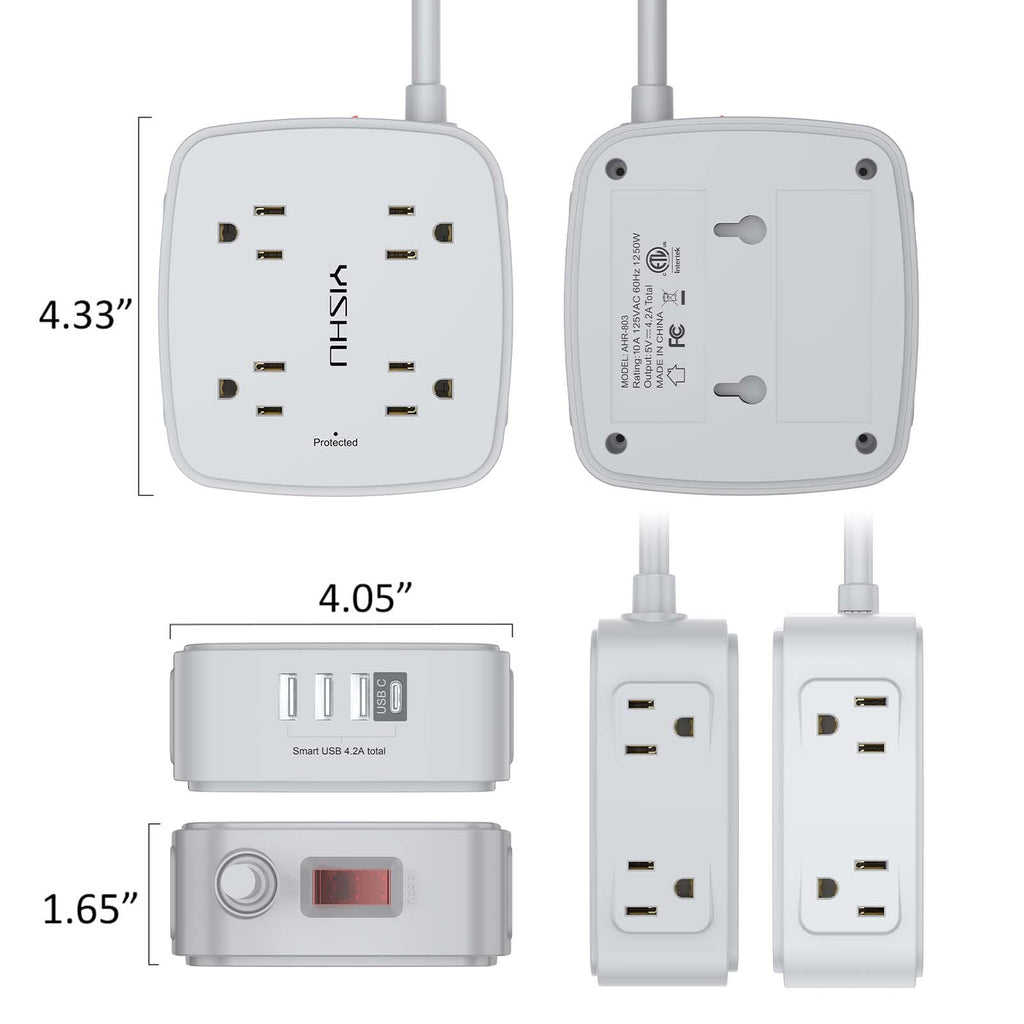 6 Ft Surge Protector Power Strip - YISHU 8 Widely Outlets with 4 USB Ports, 3 Side Outlet Extender with 6 Feet Flat Extension Cord, Ultra Flat Plug, Wall Mount, Desk USB Charging Station, ETL, Black