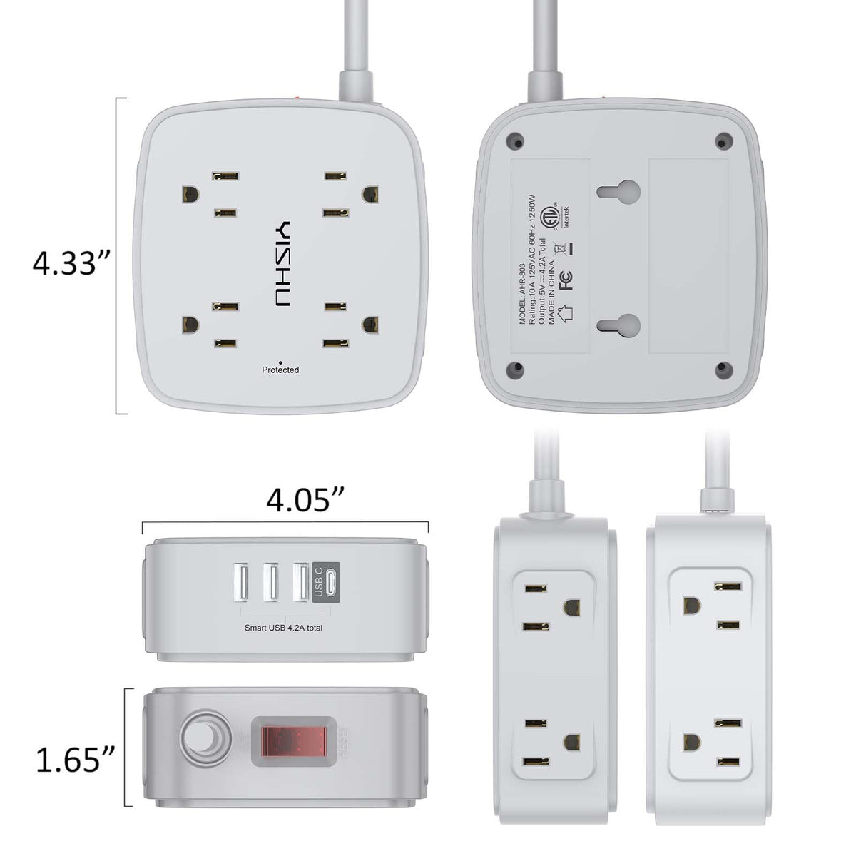 6 Ft Surge Protector Power Strip - YISHU 8 Widely Outlets with 4 USB Ports, 3 Side Outlet Extender with 6 Feet Flat Extension Cord, Ultra Flat Plug, Wall Mount, Desk USB Charging Station, ETL, Black