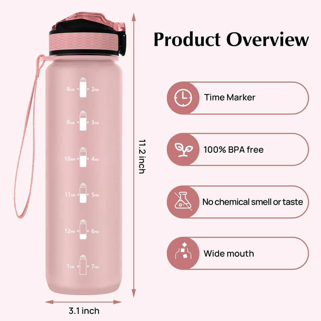 EYQ 1L Water Bottle, 1 Litre Water Bottle with Straw, 32oz Leak-Proof Motivational Sports Drinks Bottle with Time Marker, Tritan BPA-Free, Drinking Waterbottles for Gym Outdoor Sports