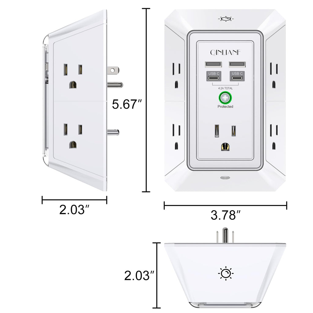 Surge Protector, QINLIANF 5 Outlet Extender with 4 USB Ports(2USB-C)