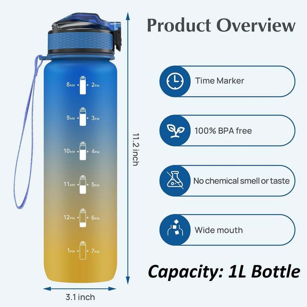 EYQ 1L Water Bottle, 1 Litre Water Bottle with Straw, 32oz Leak-Proof Motivational Sports Drinks Bottle with Time Marker, Tritan BPA-Free, Drinking Waterbottles for Gym Outdoor Sports