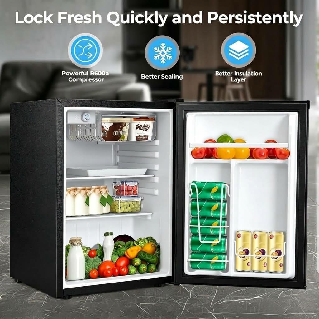 COWSAR 2.6 Cu.Ft Mini Fridge with Freezer, Freestanding Compact Refrigerator with Reversible Door & 7-Speed Thermostat, Small Fridge for Office, Apartment, Gameroom (BLACK)