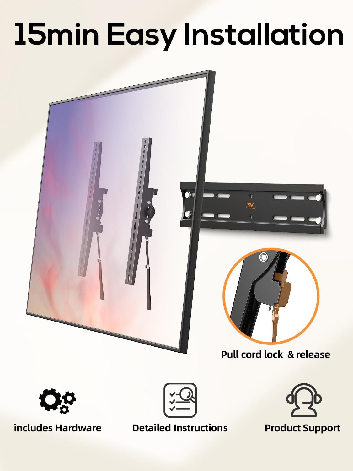 IWORKBOARD 55 65 75 85 inch Tilting TV Wall Mount for 32-90 '' TVs, Low Profile TV Mount Bracket, Safe Lock & Quick Release,Max VESA 600x400mm, 24 inch Studs,132 lbs, Fit Most 55+ 75+ 85+ 86 TVs