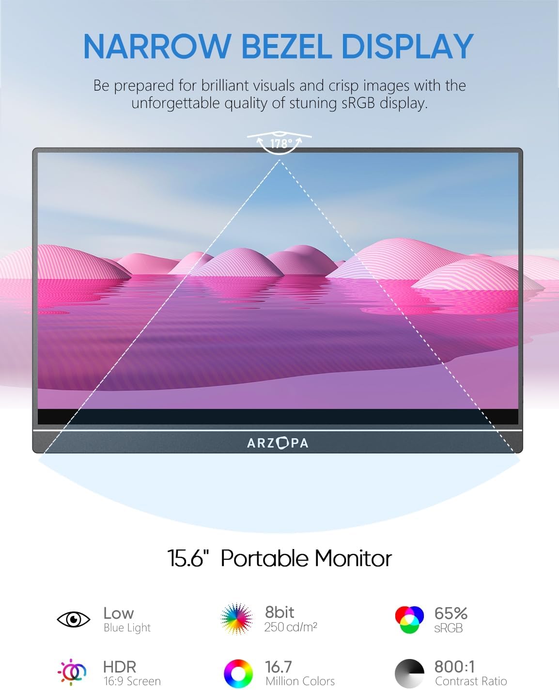 ARZOPA Portable Monitor 15.6" 1920×1080 FHD IPS Portable Monitor for Laptop with Kickstand, Ultra-Slim Second Screen for Laptop/PC/Mac/PS3/4/5/Xbox - USB C & HDMI Connectivity - A1