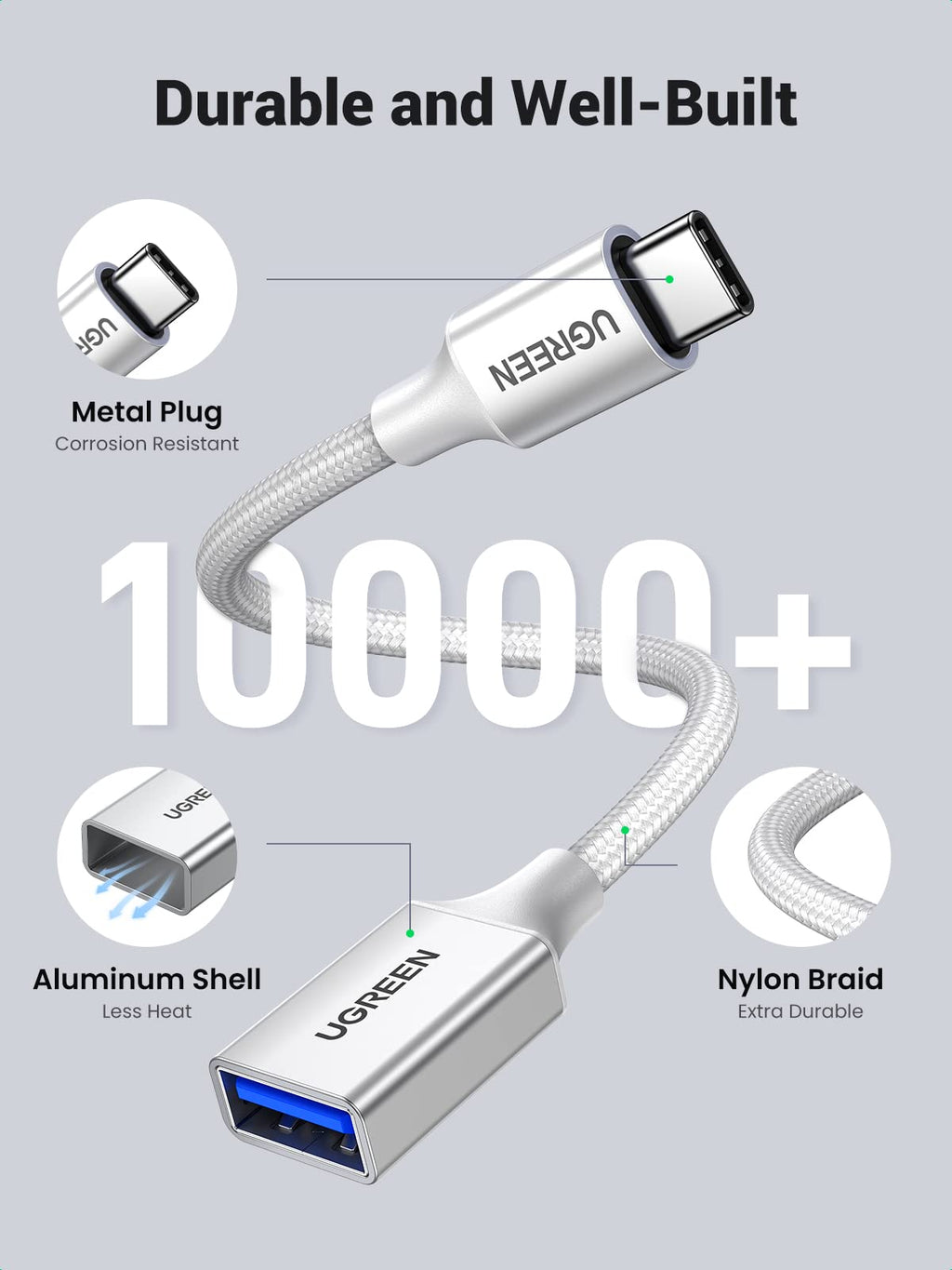 UGREEN 10Gbps USB C to USB Adaptor for iPhone, iPad, MacBook, Galaxy Grey