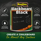 Rustins Blackboard Black 500ml– Quick Dry Matt Black Chalkboard Paint, Durable Writing Surface for Home, School & Office