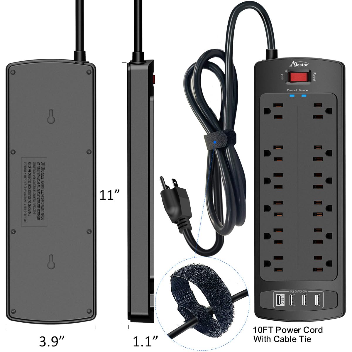 ALESTOR 6 Ft Surge Protector Power Strip with 12 Outlets and 4 USB Ports