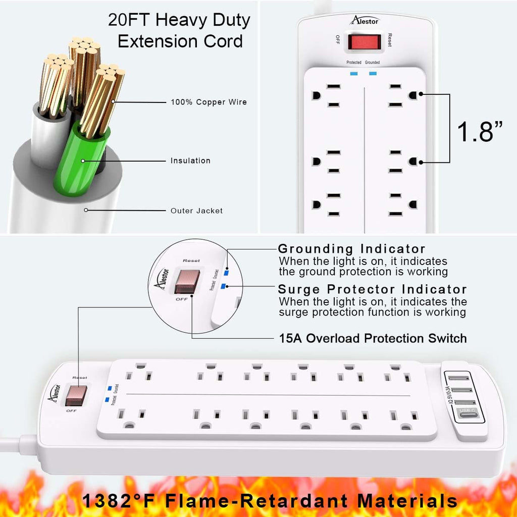 ALESTOR 6 Ft Surge Protector Power Strip with 12 Outlets and 4 USB Ports