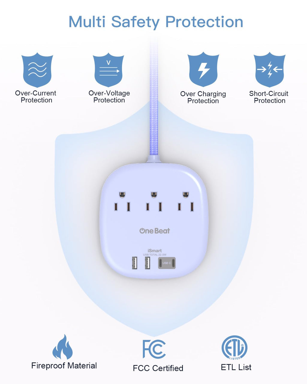 Travel Essentials, 22.5W/4.5A Flat Plug Power Strip, 6 Ft Extension Cord