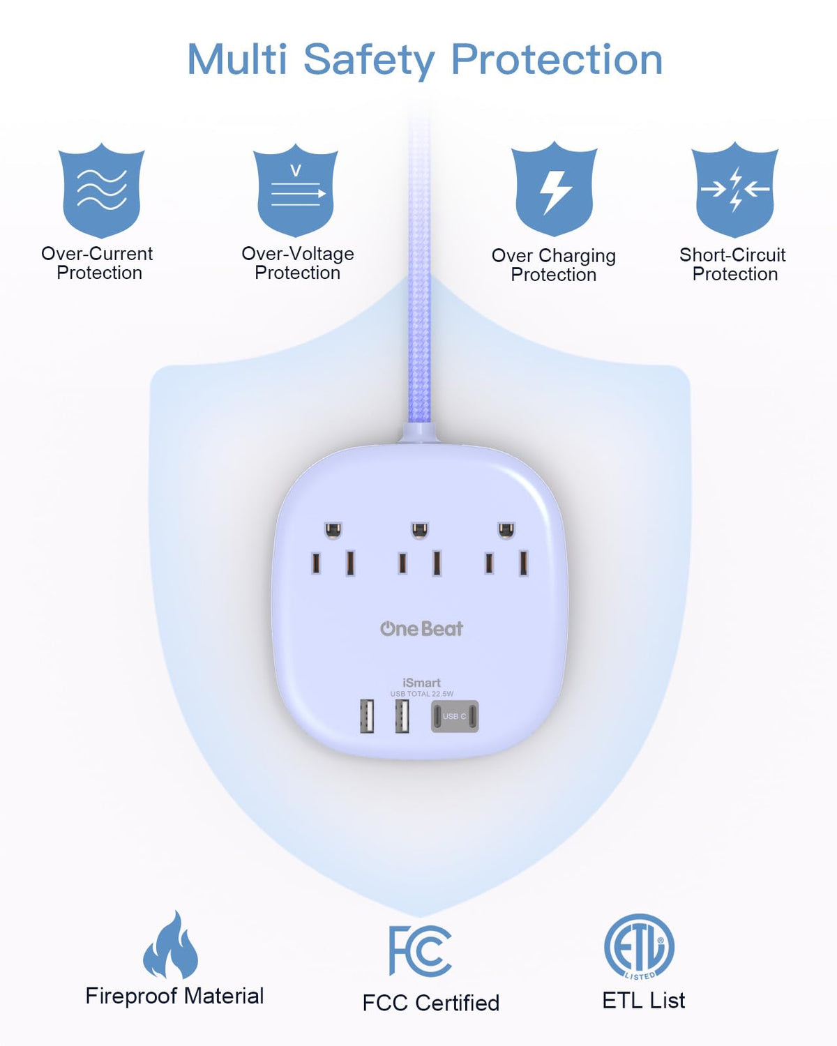 Travel Essentials, 22.5W/4.5A Flat Plug Power Strip, 6 Ft Extension Cord
