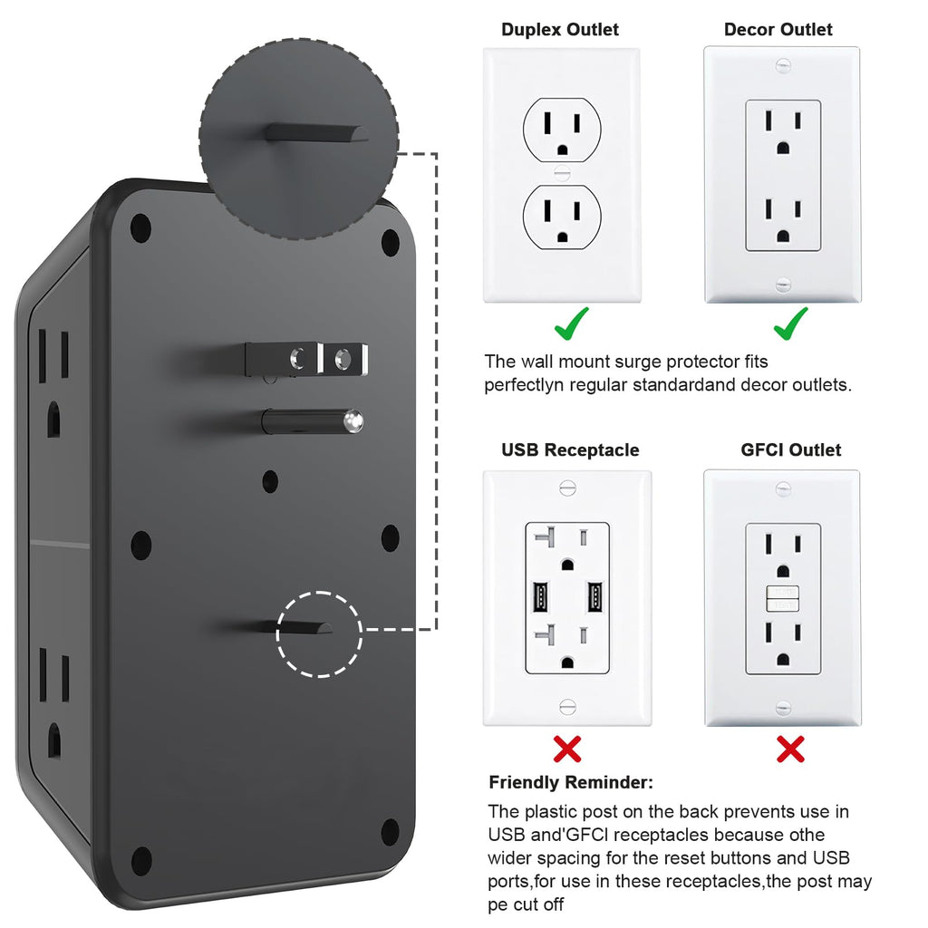 3 Pack Surge Protector Outlet Extender, 6 Outlet Splitter with 4 USB Ports (2 USB C), Multi Plug Wall Outlet 1050J Power Strip, USB Wall Charger for Home Office Kitchen Travel-ETL