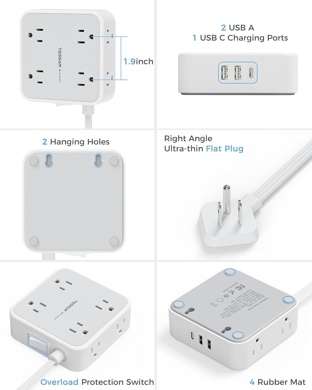 TESSAN Surge Protector Power Strip with 900J Surge Protection, 5 Ft, Grey