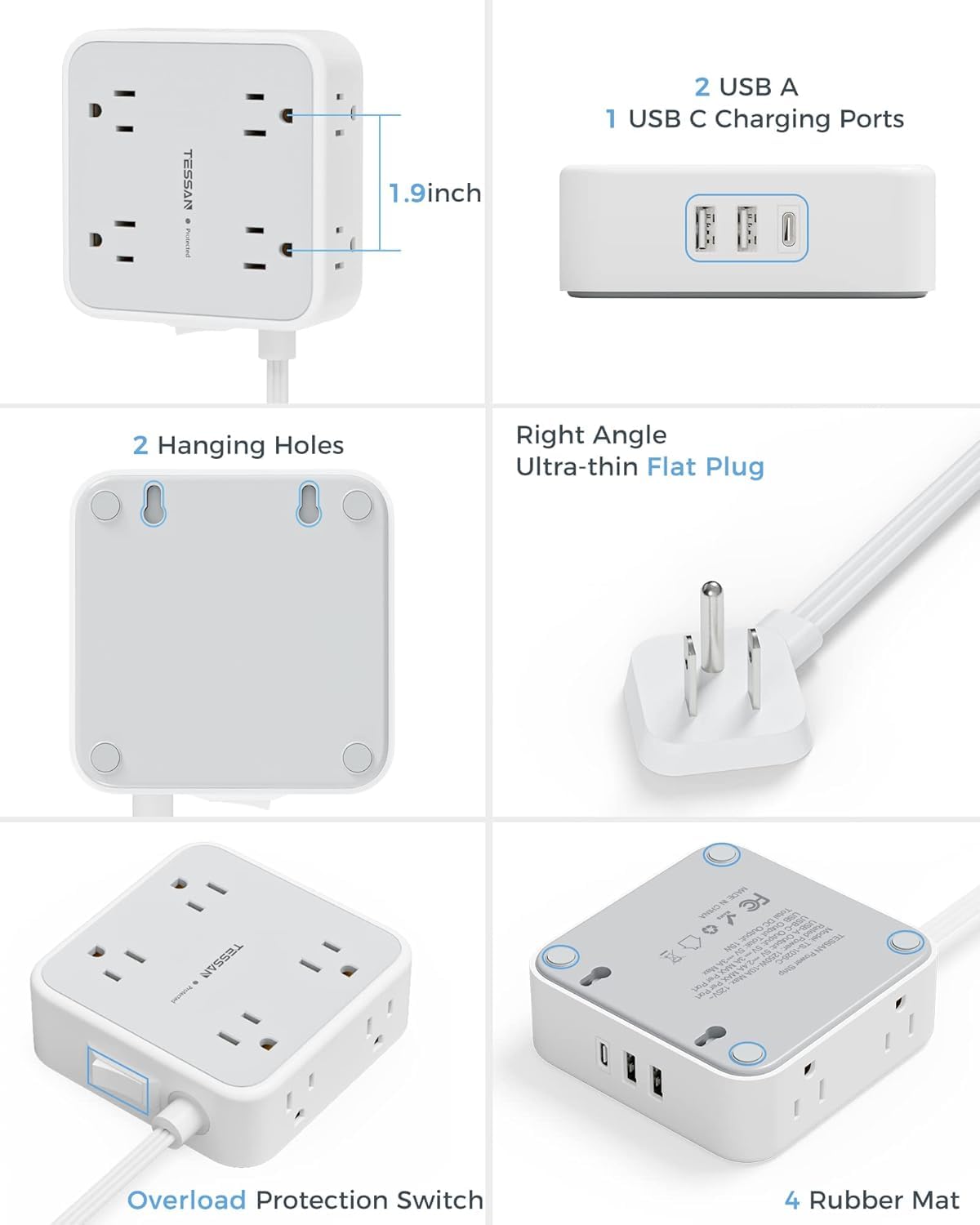TESSAN Surge Protector Power Strip with 900J Surge Protection, 5 Ft, Grey