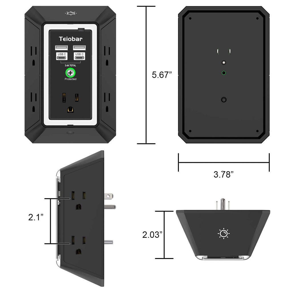 Multi Plug Wall Outlet Surge Protector with 6-Outlet & 4 USB Ports(2USB-C)