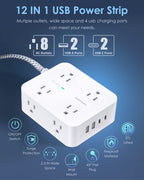 HANYCONY Surge Protector Power Strip, 10 Ft Braided Extension Cord, 1080J