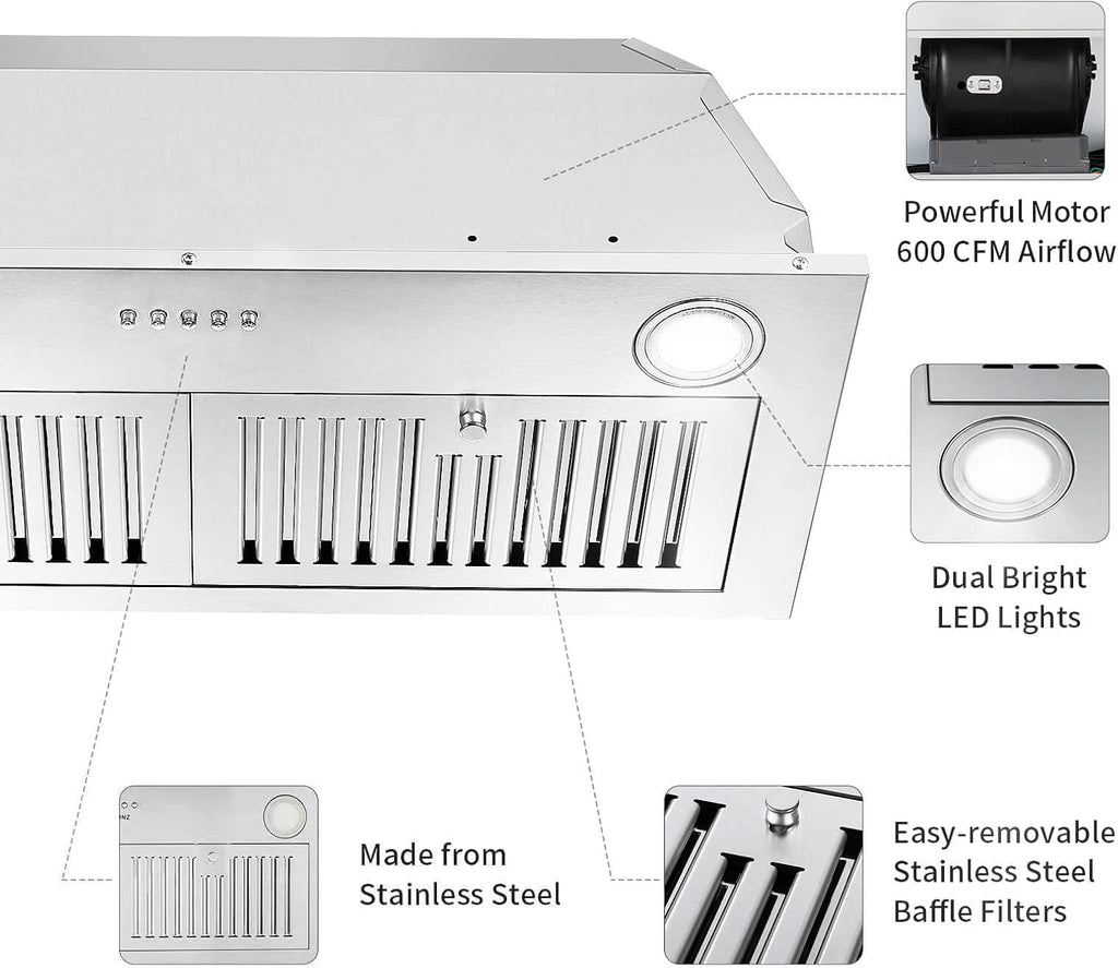 Range Hood Insert 30 inch,Stainless Steel Kitchen Vent Hood 600CFM,Built-in Kitchen Stove Hood w/Front Button Controls and Front LED Lights,Baffle Filters,Ducted/ductless Convertible Duct