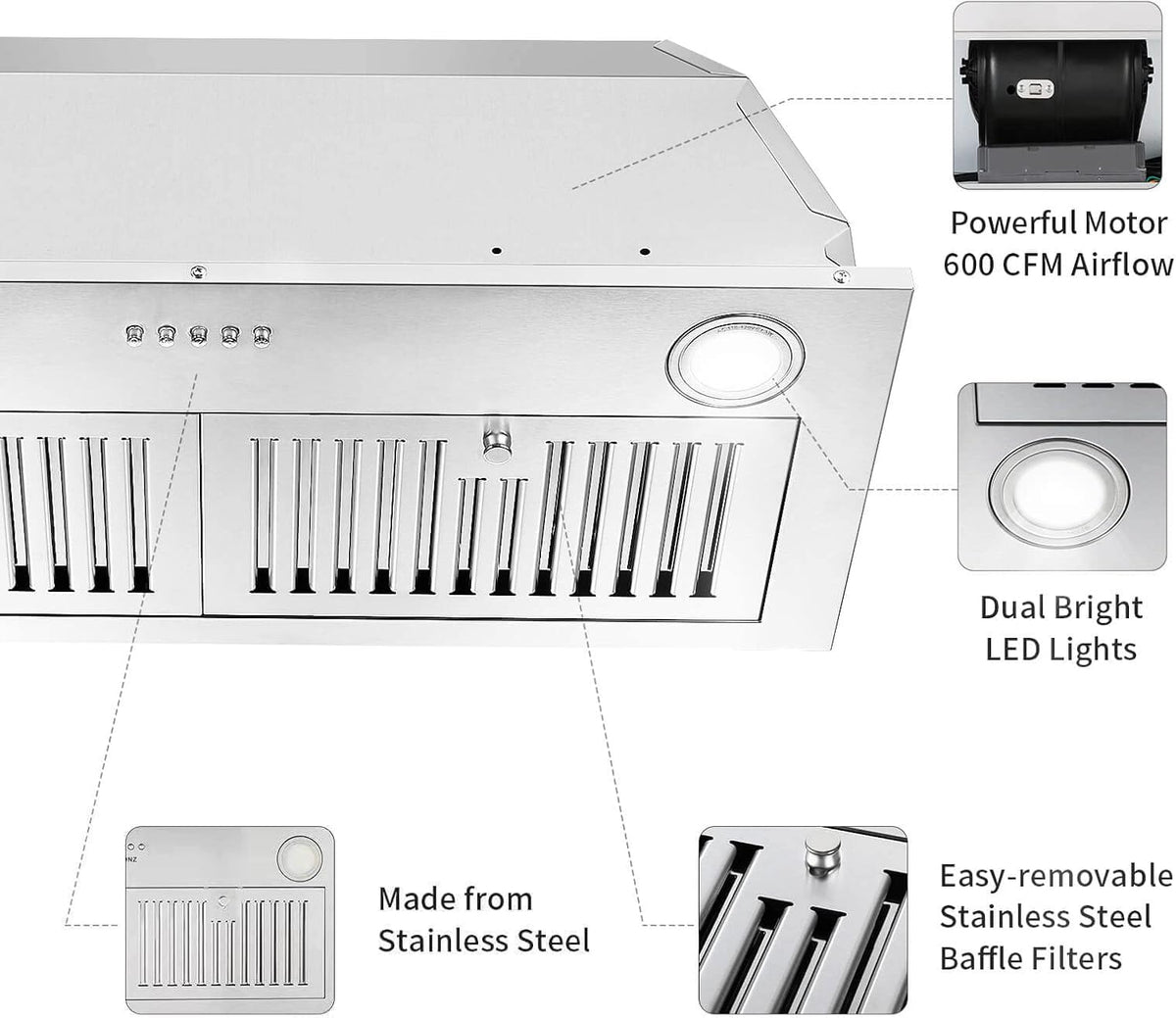 Range Hood Insert 30 inch,Stainless Steel Kitchen Vent Hood 600CFM,Built-in Kitchen Stove Hood w/Front Button Controls and Front LED Lights,Baffle Filters,Ducted/ductless Convertible Duct
