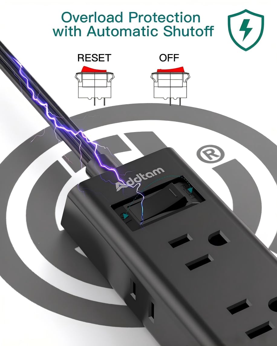 Cruise Essentials - Flat Plug Power Strip, Addtam 5 ft Ultra Flat Extension Cord with 6 Outlets Extender, No Surge Protector for Cruise Ship, Travel, Dorm, Home Office,Black