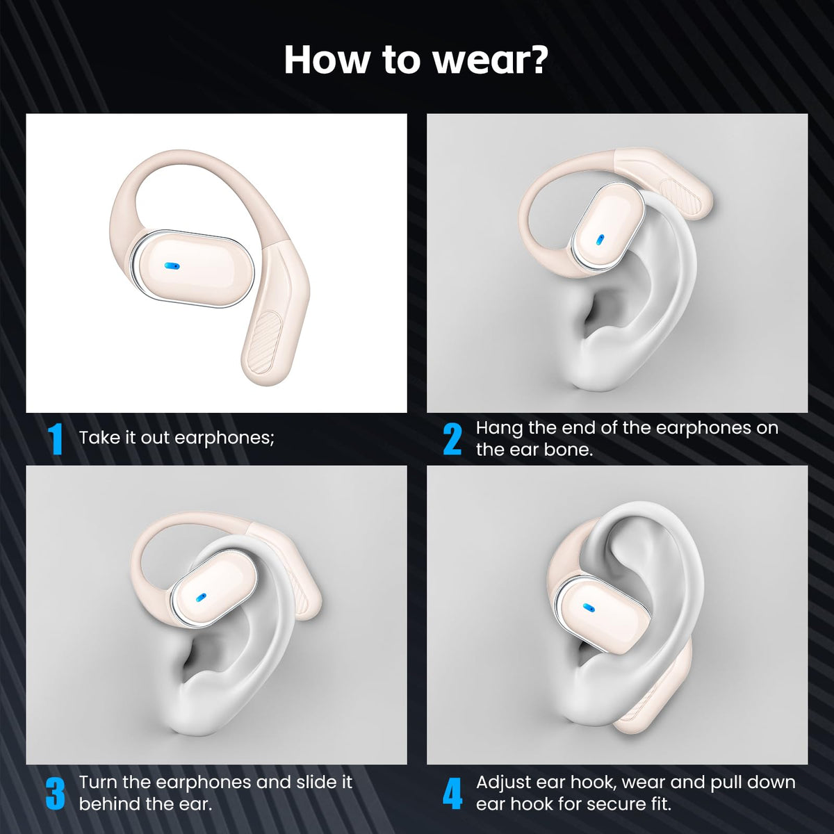 Open Ear Wireless Earbuds Bluetooth Headphones, 80H Playtime Stereo Ear Buds with ENC Noise Cancelling, Fast Charging, IPX7 Waterproof Sports Earphones with Earhook for Running/Workouts (Black)
